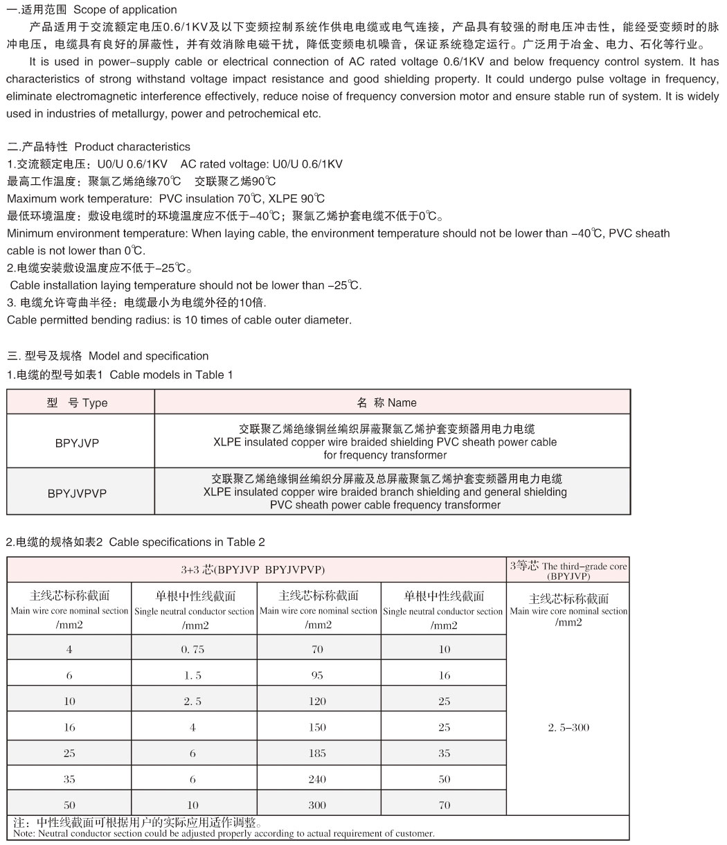 額定電壓1KV到3KV變頻器用電力電纜